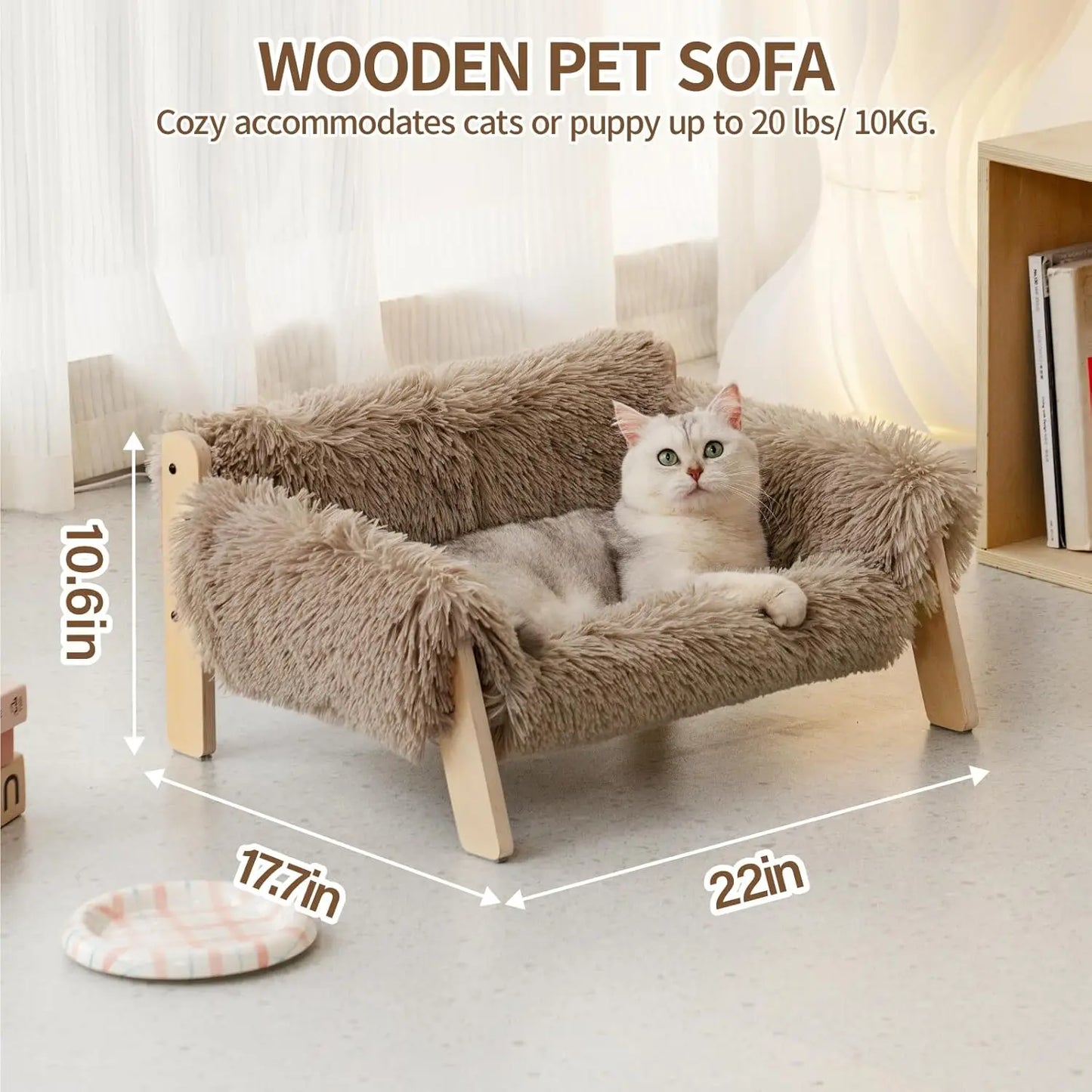 Mewoofun Cat Couch Bed Pet Sofa Wooden Indoor Elevated Bed with Removable Cover