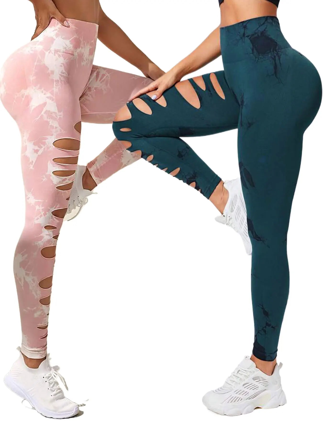 2 Pack High-Waist Hollowout Ripped Sexy Butt Lifting Yoga Pants with Tummy Control