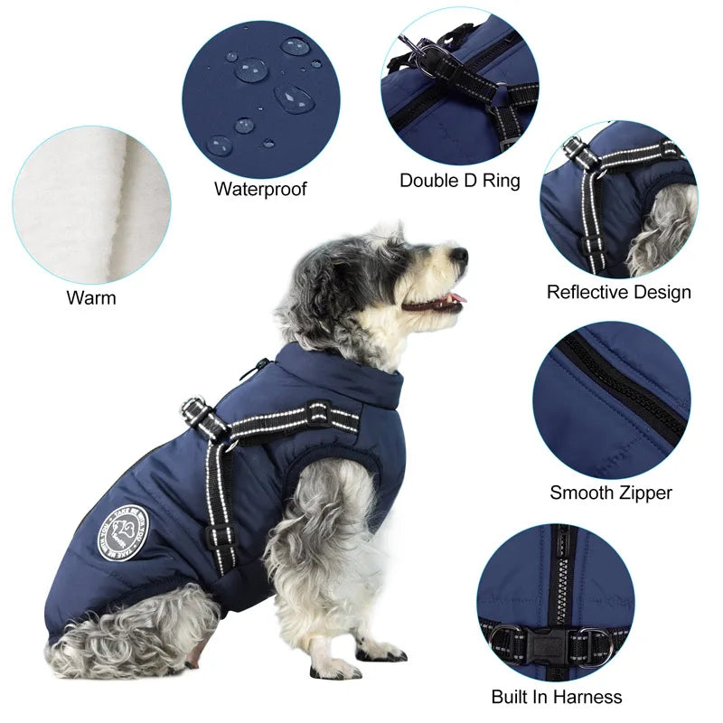 Winter Warm Dog Jacket Waterproof Pet Coat for Small Large Dogs Fleece with Harness Puppy Vest Chihuahua Labrador Costume