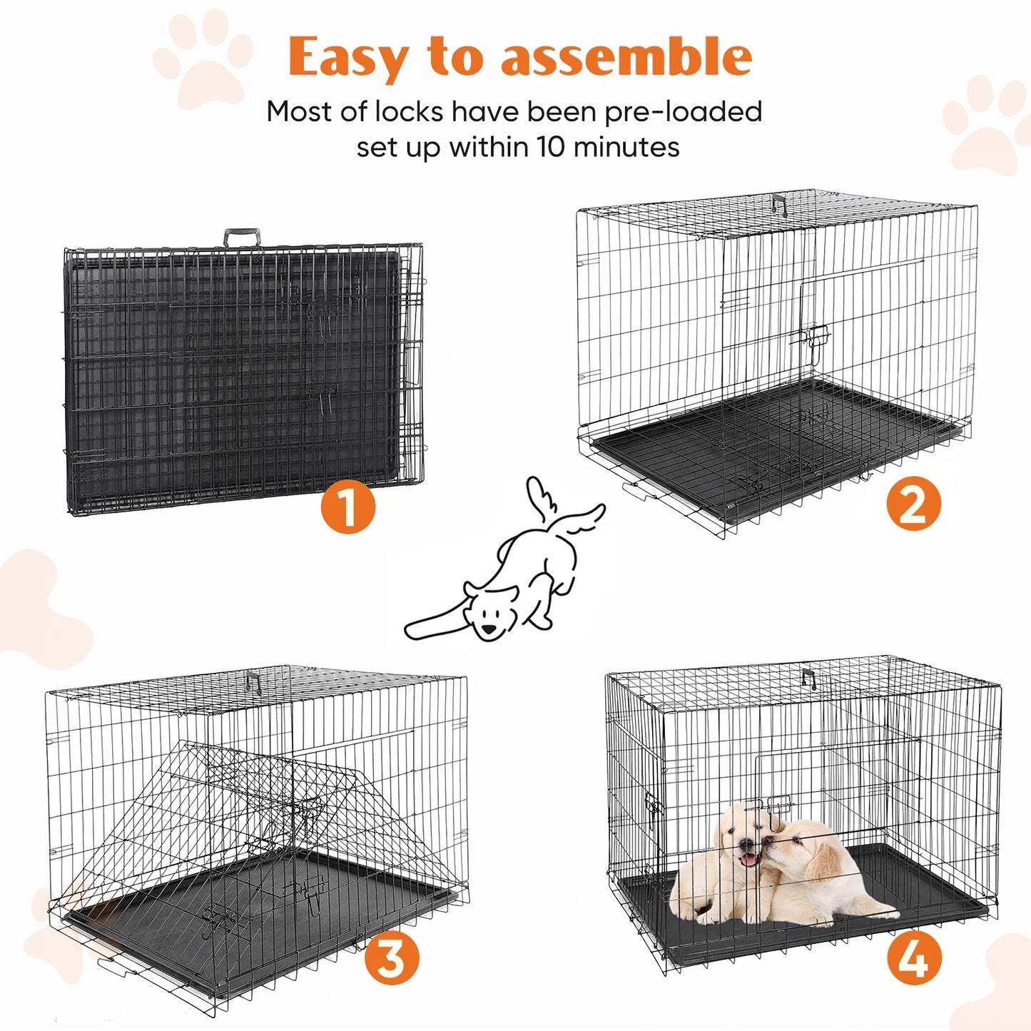 JHK Double Door Folding Metal Wire Dog Cage with Leak-Proof Pan Extra Large Pet Kennel for Indoor Outdoor Travel