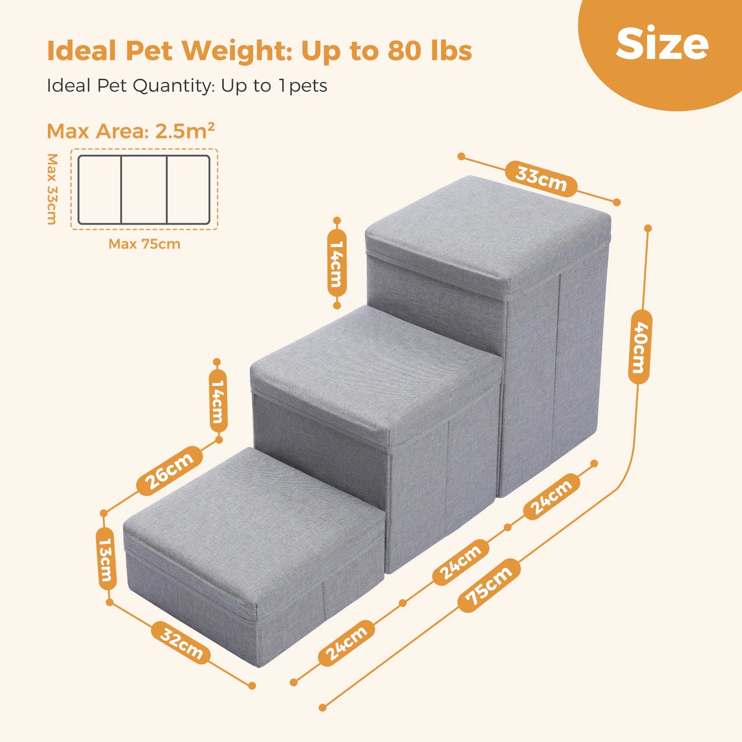 3-Tier Foldable Dog Stairs with Storage Box Adjustable Height Non-Slip Pet Ramp for Small Old Dogs and Cats