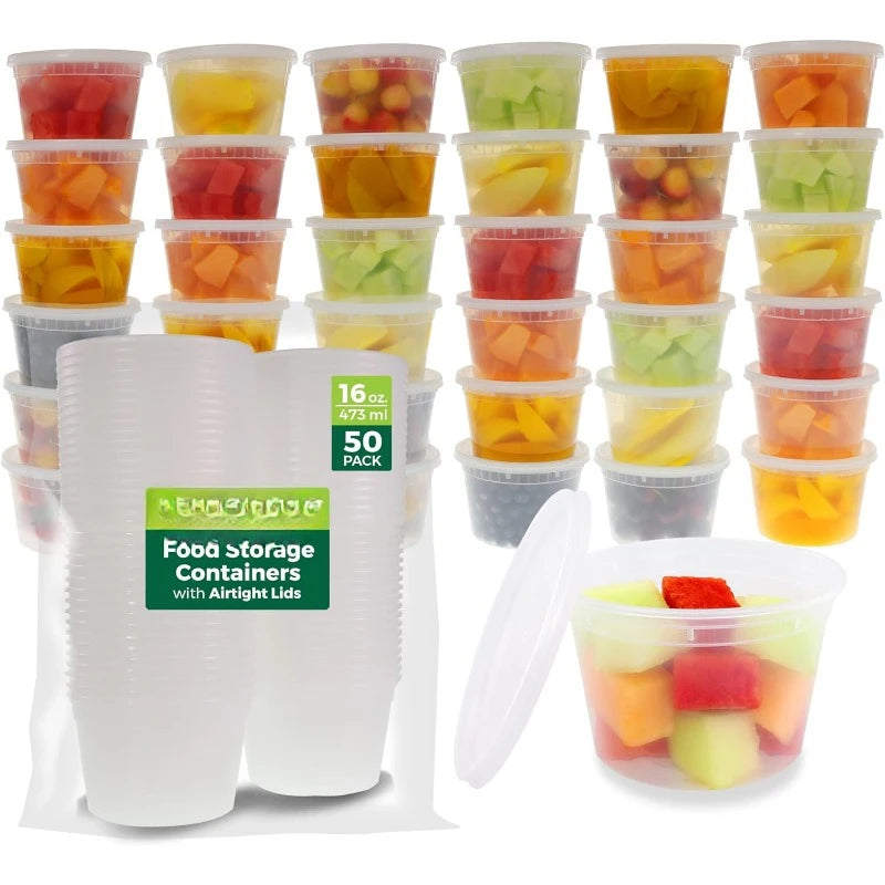 50 Set 16 Oz Plastic Deli Containers with Lids for Meal Prep
