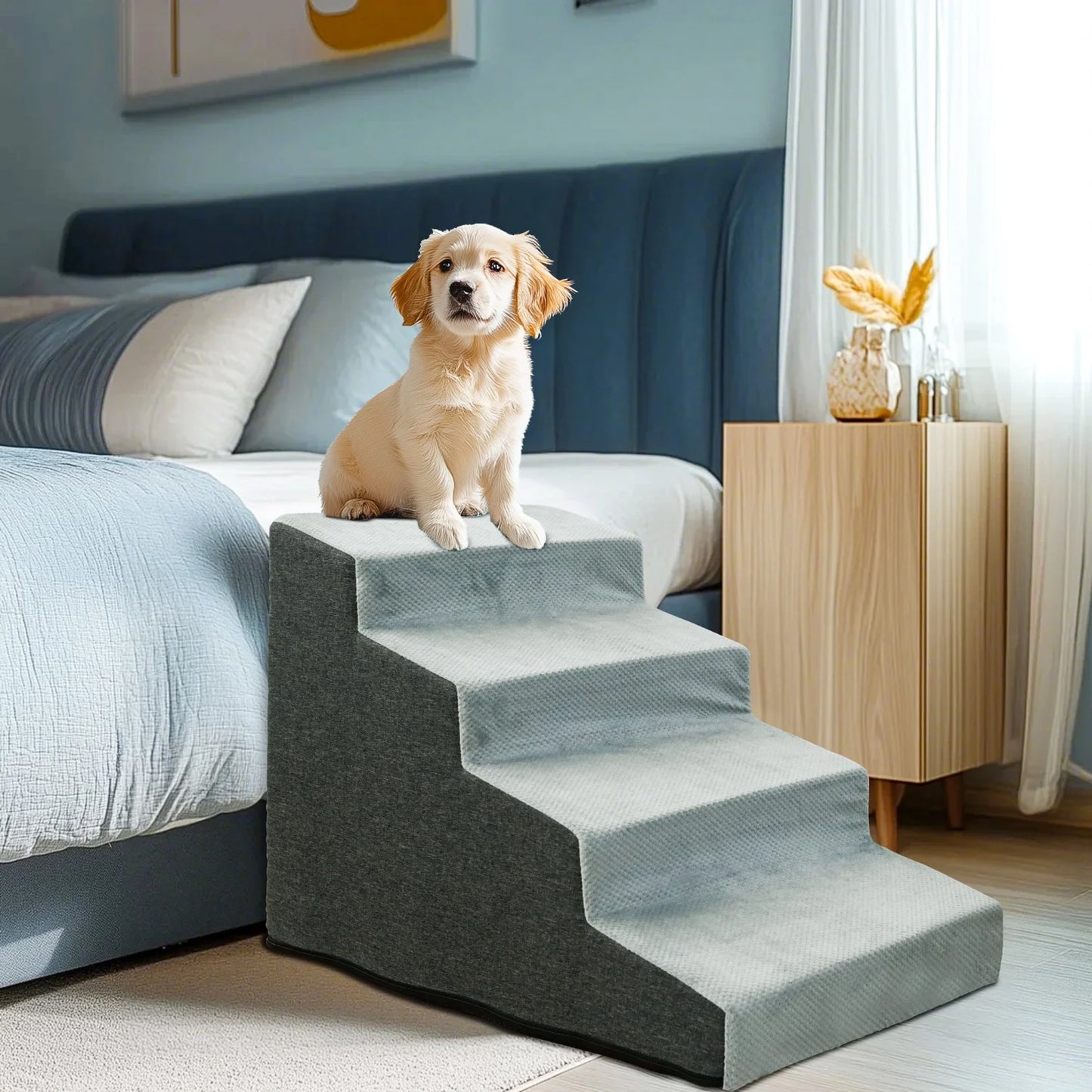 3/4 Steps High Density Foam Dog Stairs Ramps for High Beds and Sofa Non-Slip Pet Steps with Washable Cover