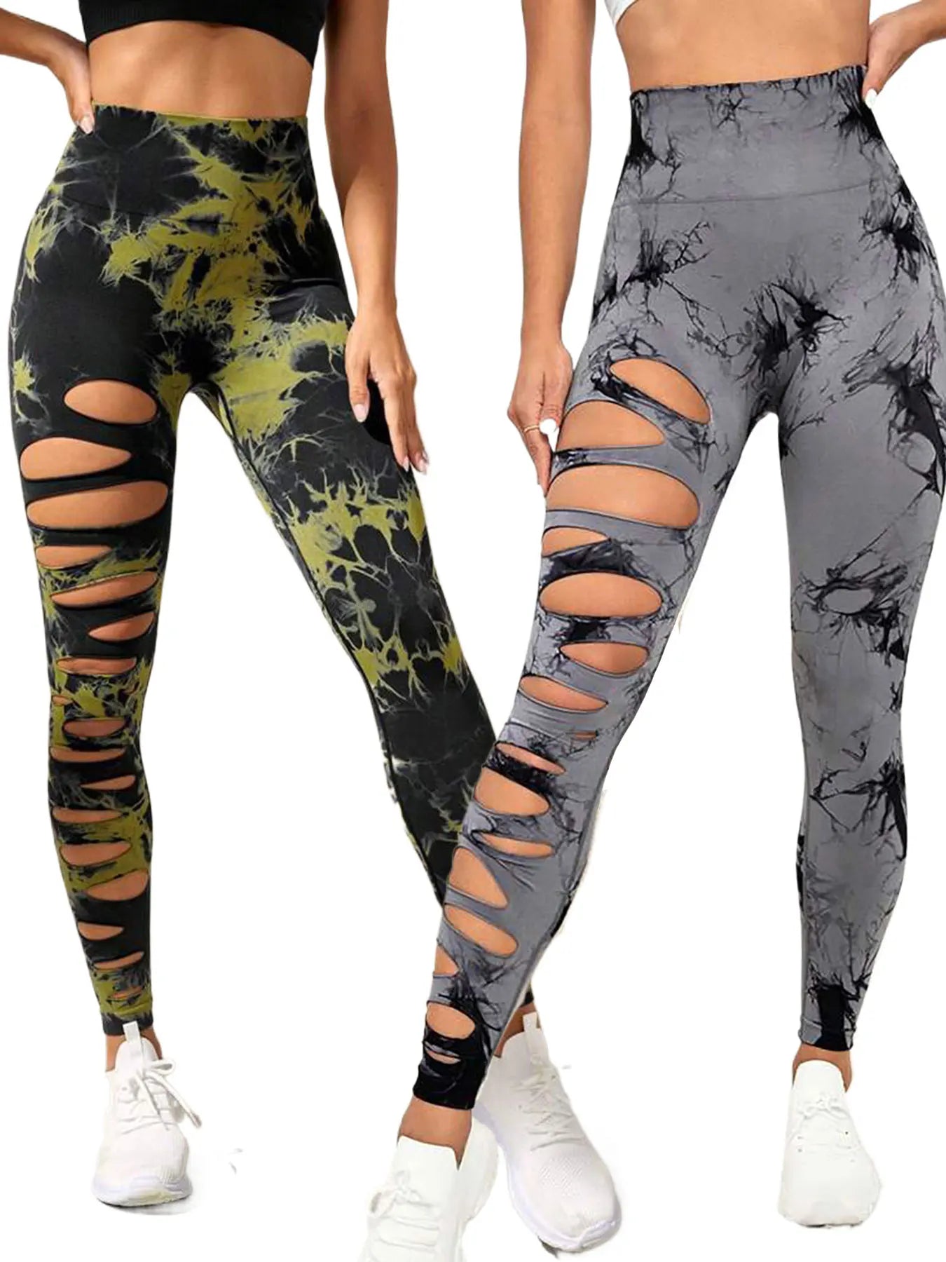 2 Pack High-Waist Hollowout Ripped Sexy Butt Lifting Yoga Pants with Tummy Control