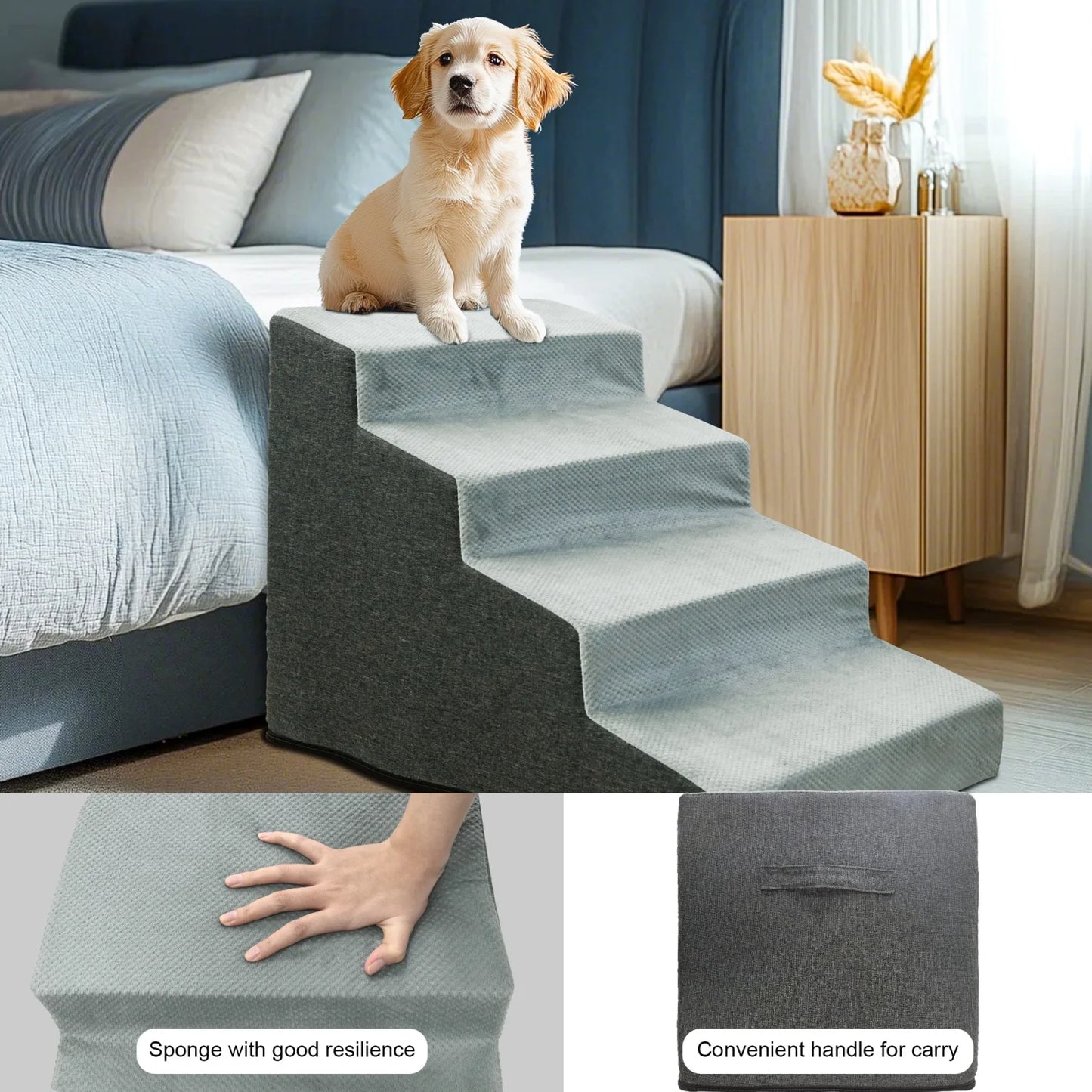 3/4 Steps High Density Foam Dog Stairs Ramps for High Beds and Sofa Non-Slip Pet Steps with Washable Cover