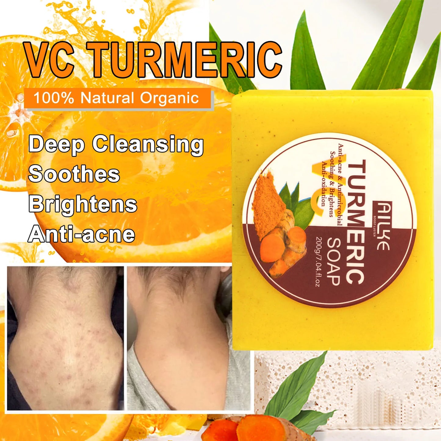 AILKE Organic Turmeric Skin Care Set Reduce Acne Cleaning Skin Exfoliation Whiten Tone