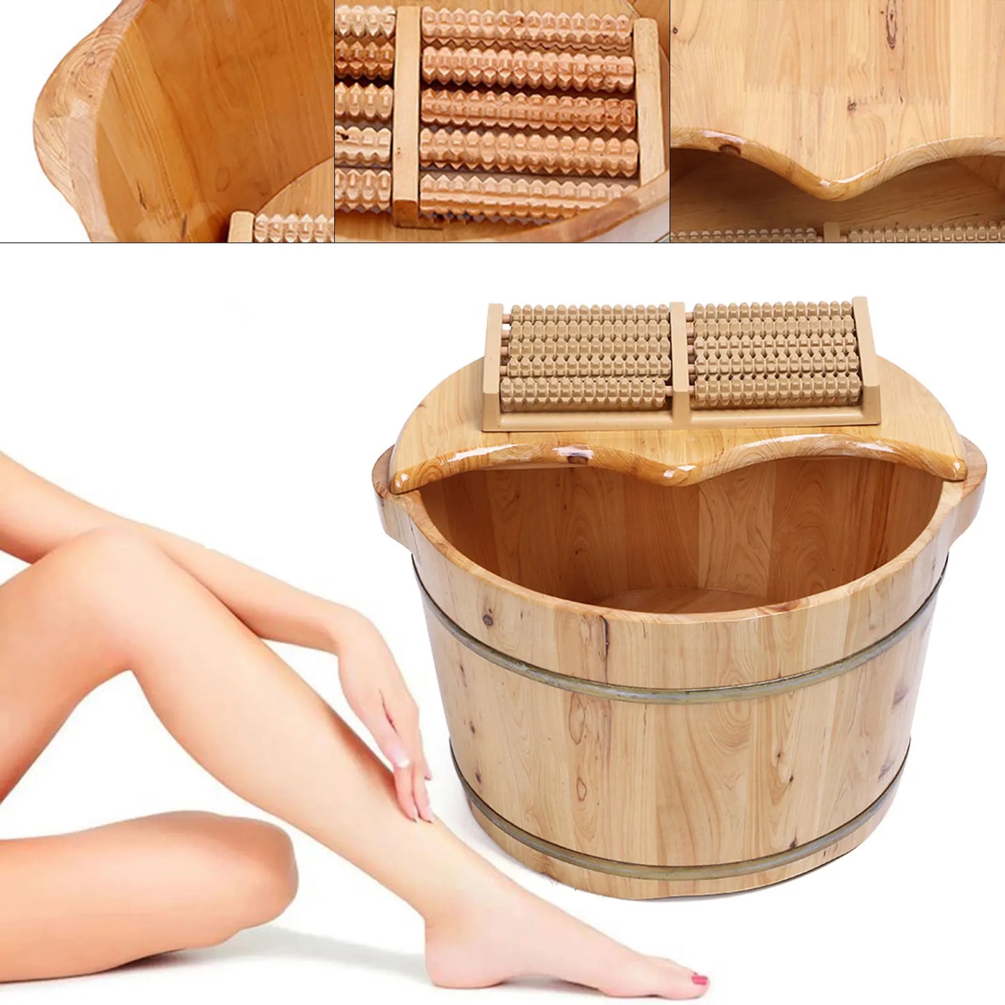 Wooden Health Foot Bath Basin with Shiatsu Massage Rollers for Relaxation and Heat Retention