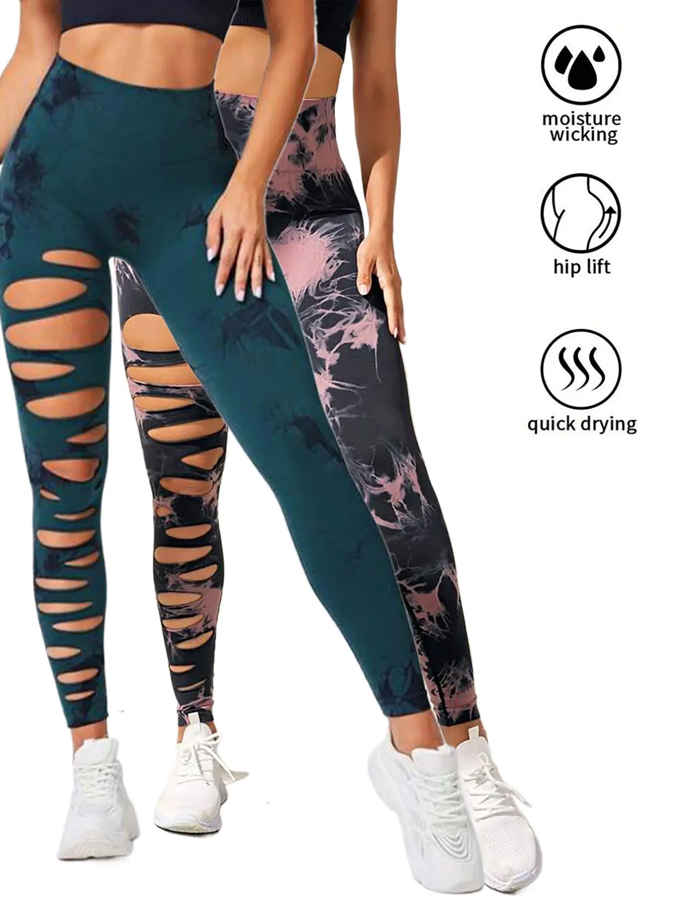 2 Pack High-Waist Hollowout Ripped Sexy Butt Lifting Yoga Pants with Tummy Control