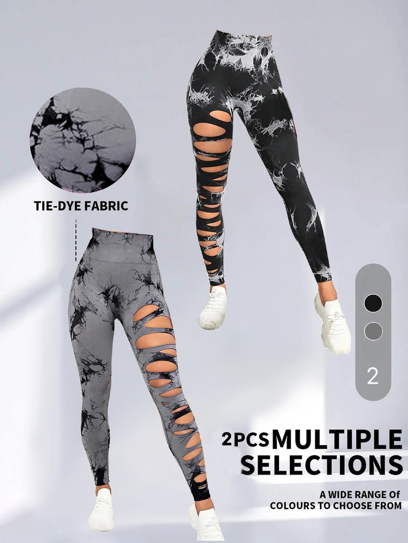 2 Pack High-Waist Hollowout Ripped Sexy Butt Lifting Yoga Pants with Tummy Control