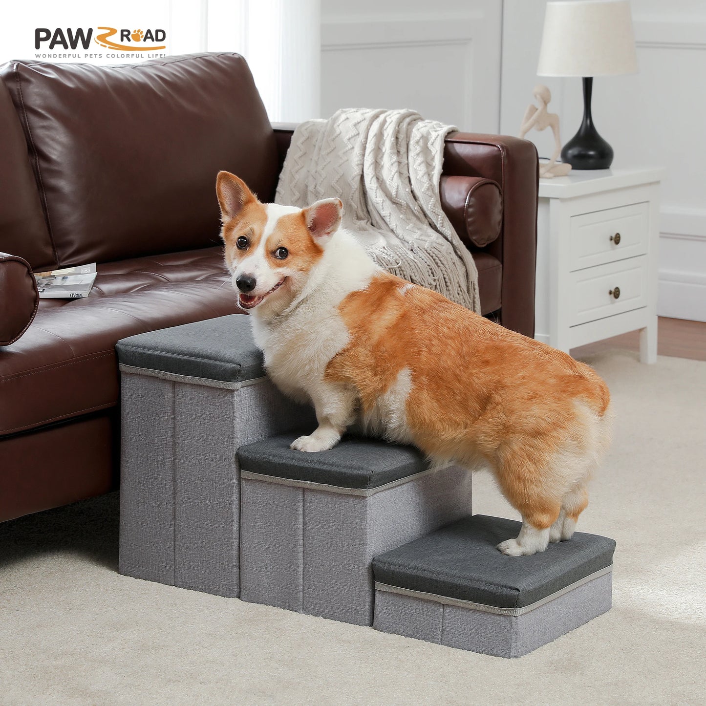 3-Tier Foldable Dog Stairs with Storage Box Adjustable Height Non-Slip Pet Ramp for Small Old Dogs and Cats