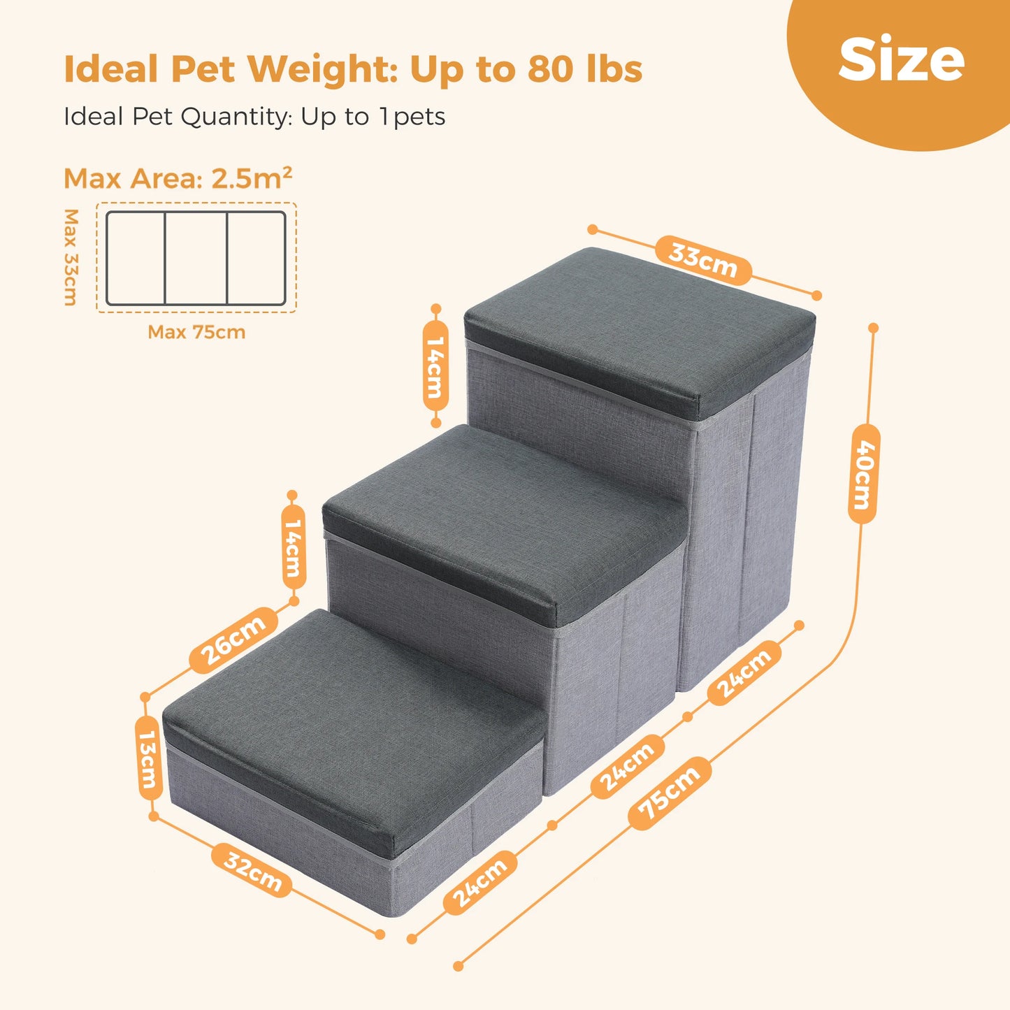 3-Tier Foldable Dog Stairs with Storage Box Adjustable Height Non-Slip Pet Ramp for Small Old Dogs and Cats
