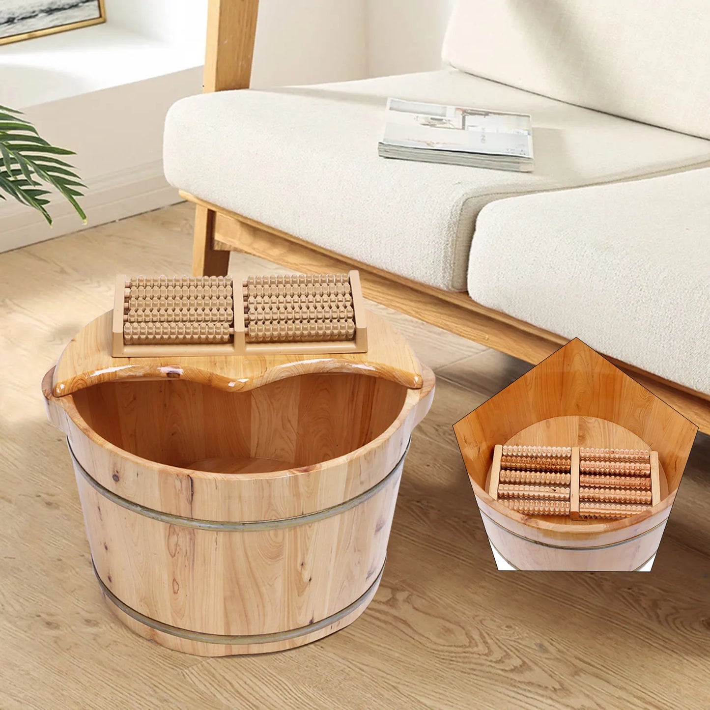 Wooden Health Foot Bath Basin with Shiatsu Massage Rollers for Relaxation and Heat Retention