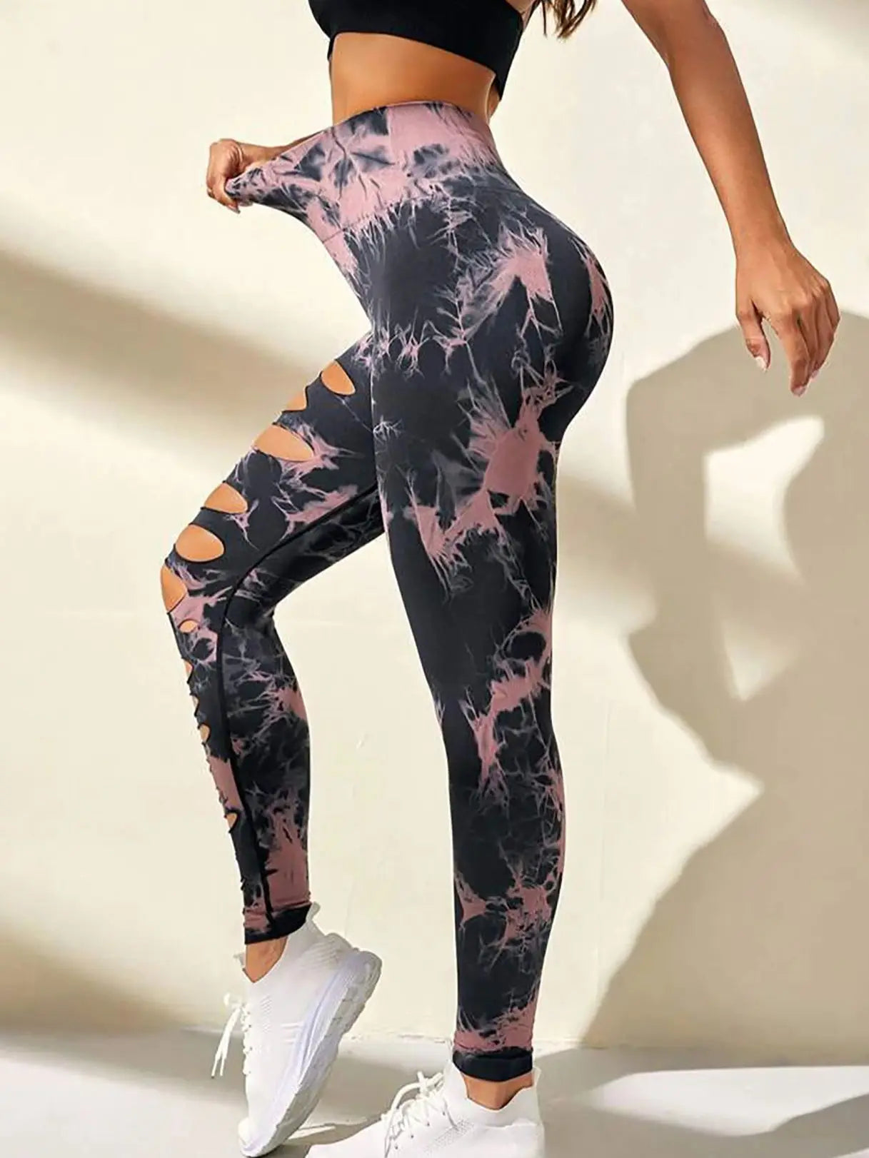 2 Pack High-Waist Hollowout Ripped Sexy Butt Lifting Yoga Pants with Tummy Control