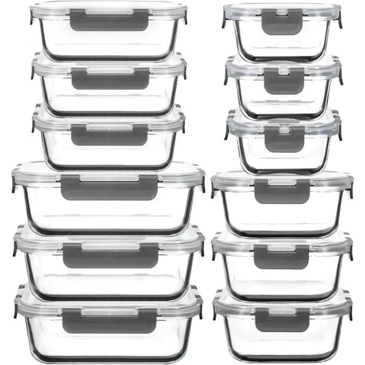 12 Pack Glass Food Storage & Glass Meal Prep Container Set with Leak-Proof & Airtight Lids