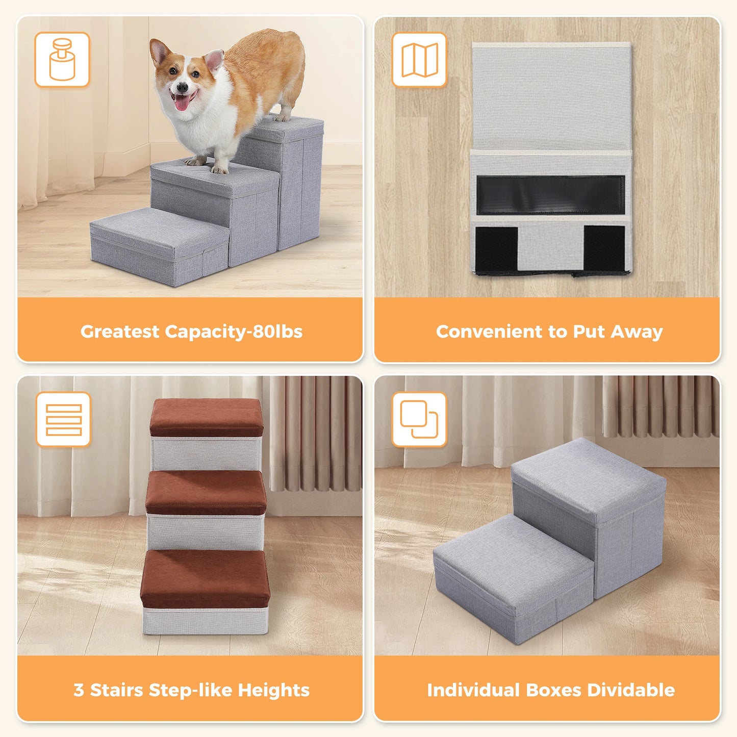 3-Tier Foldable Dog Stairs with Storage Box Adjustable Height Non-Slip Pet Ramp for Small Old Dogs and Cats
