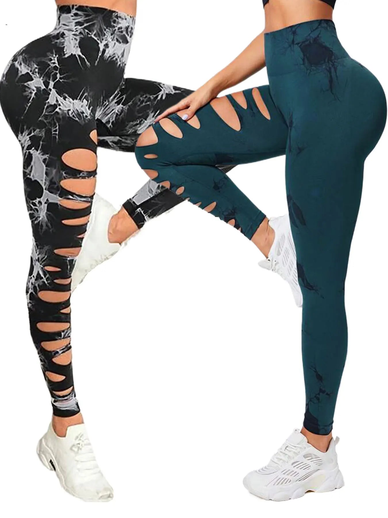 2 Pack High-Waist Hollowout Ripped Sexy Butt Lifting Yoga Pants with Tummy Control