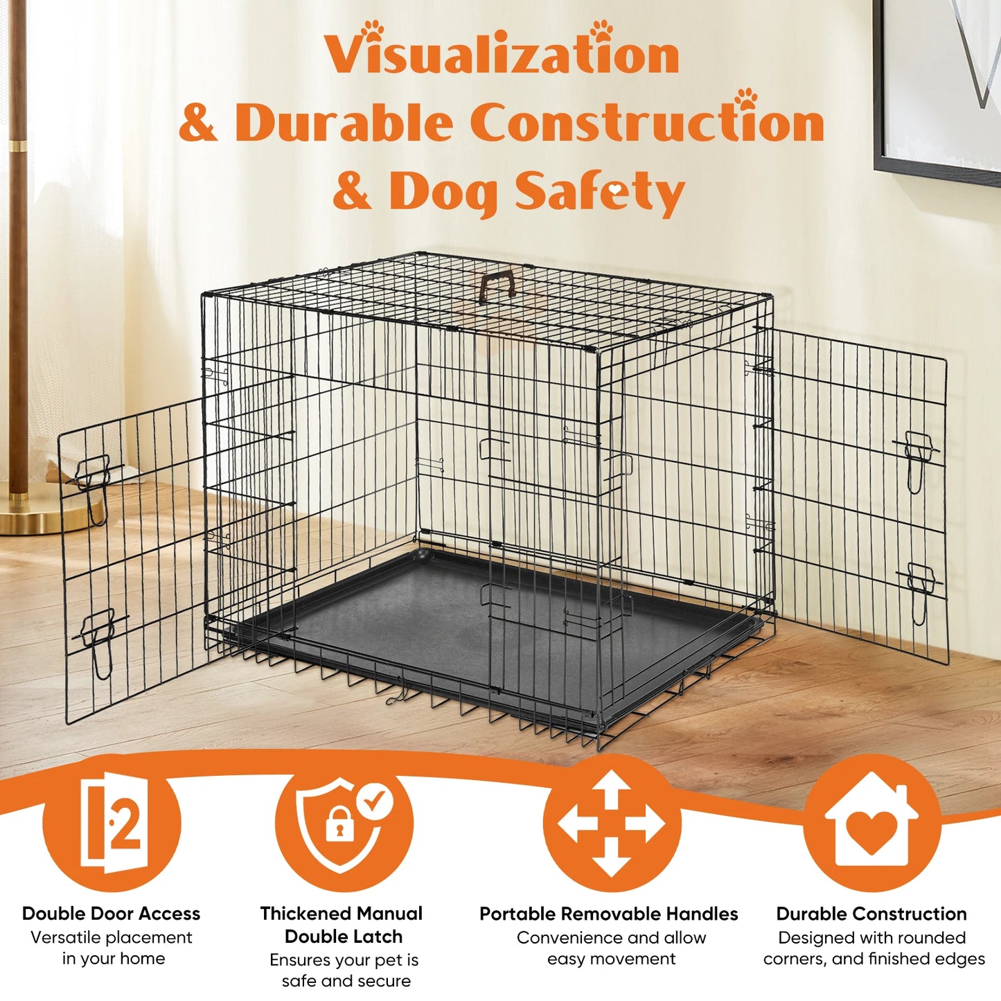 JHK Double Door Folding Metal Wire Dog Cage with Leak-Proof Pan Extra Large Pet Kennel for Indoor Outdoor Travel