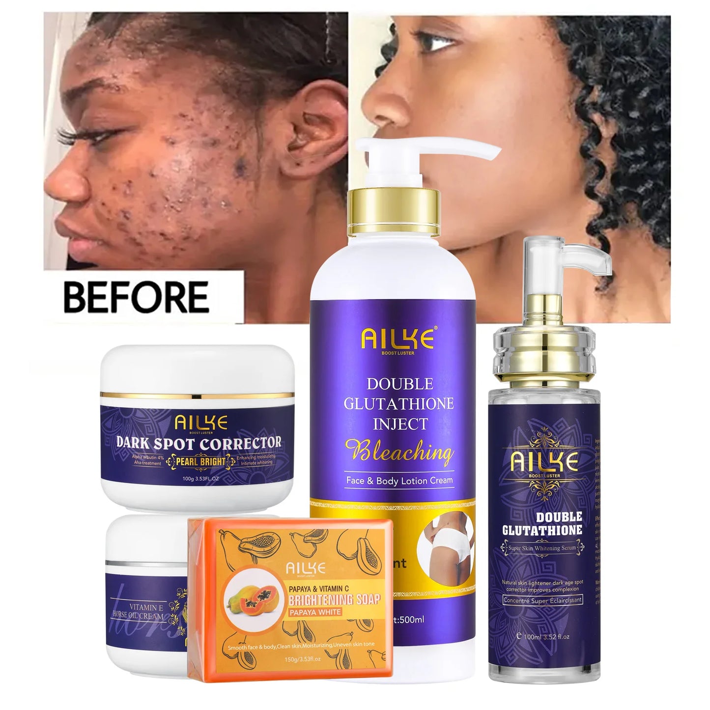 AILKE Double Glutathione & Vitamin C Skin Care Set Brightening Even Skin Tone Smooth Skin Women Cosmetics