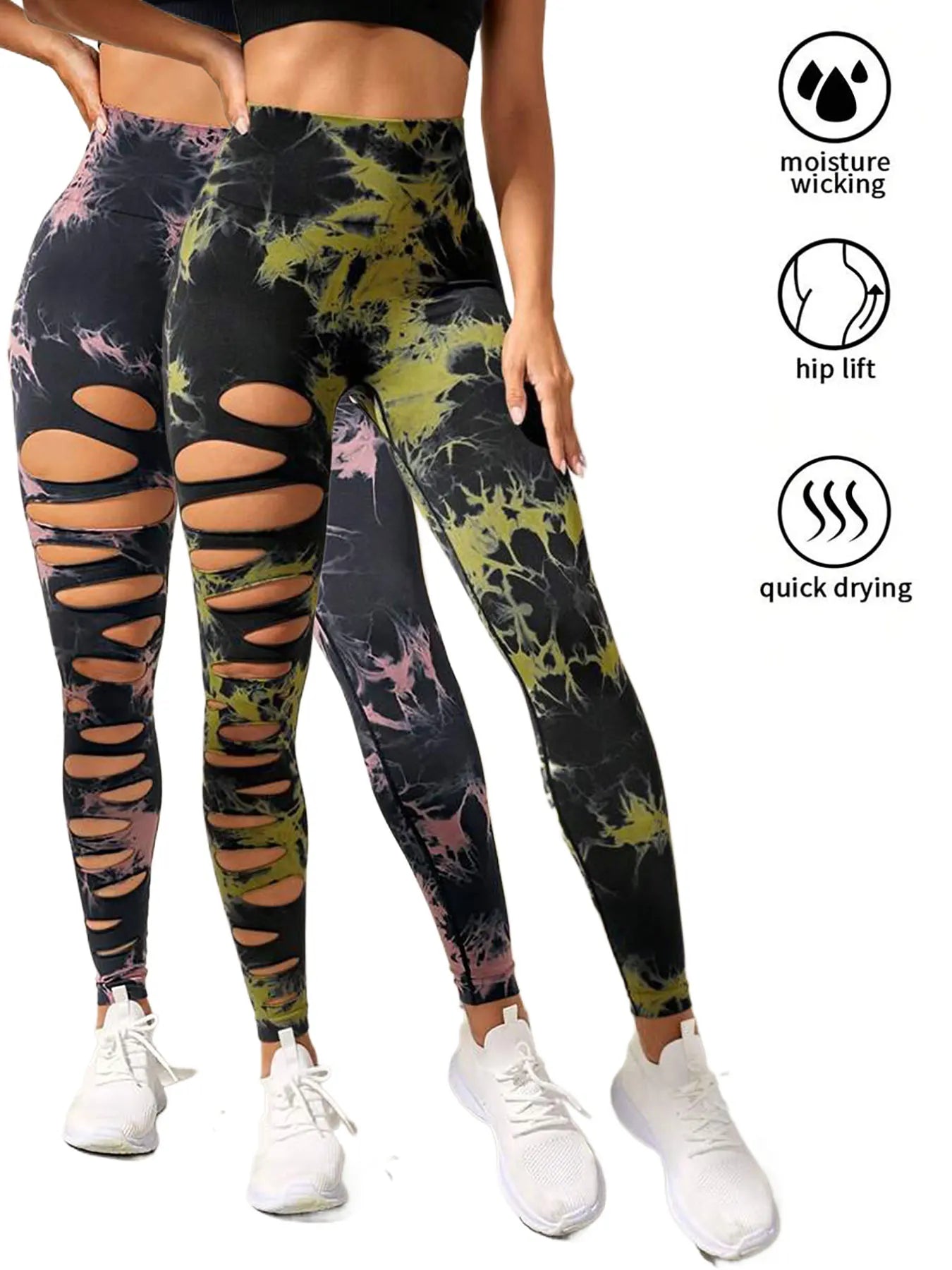 2 Pack High-Waist Hollowout Ripped Sexy Butt Lifting Yoga Pants with Tummy Control