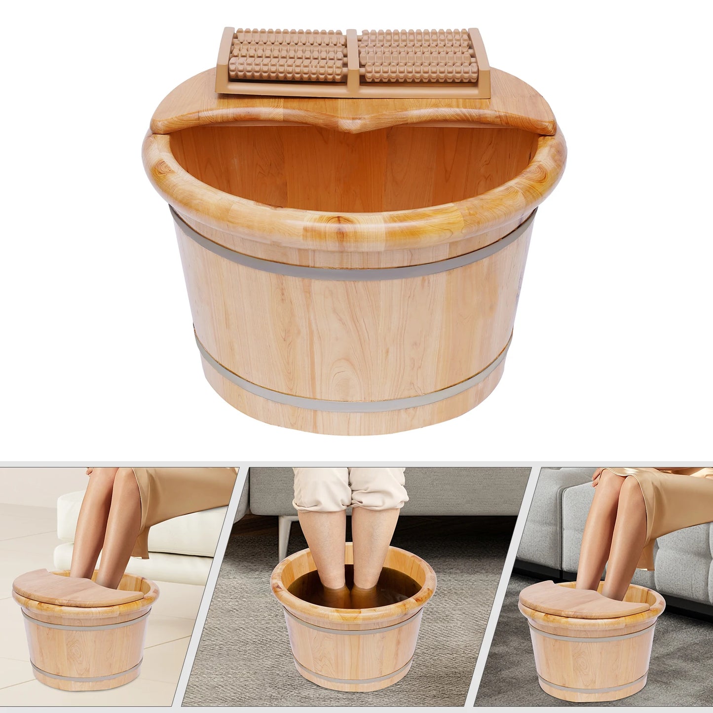 Wooden Health Foot Bath Basin with Shiatsu Massage Rollers for Relaxation and Heat Retention