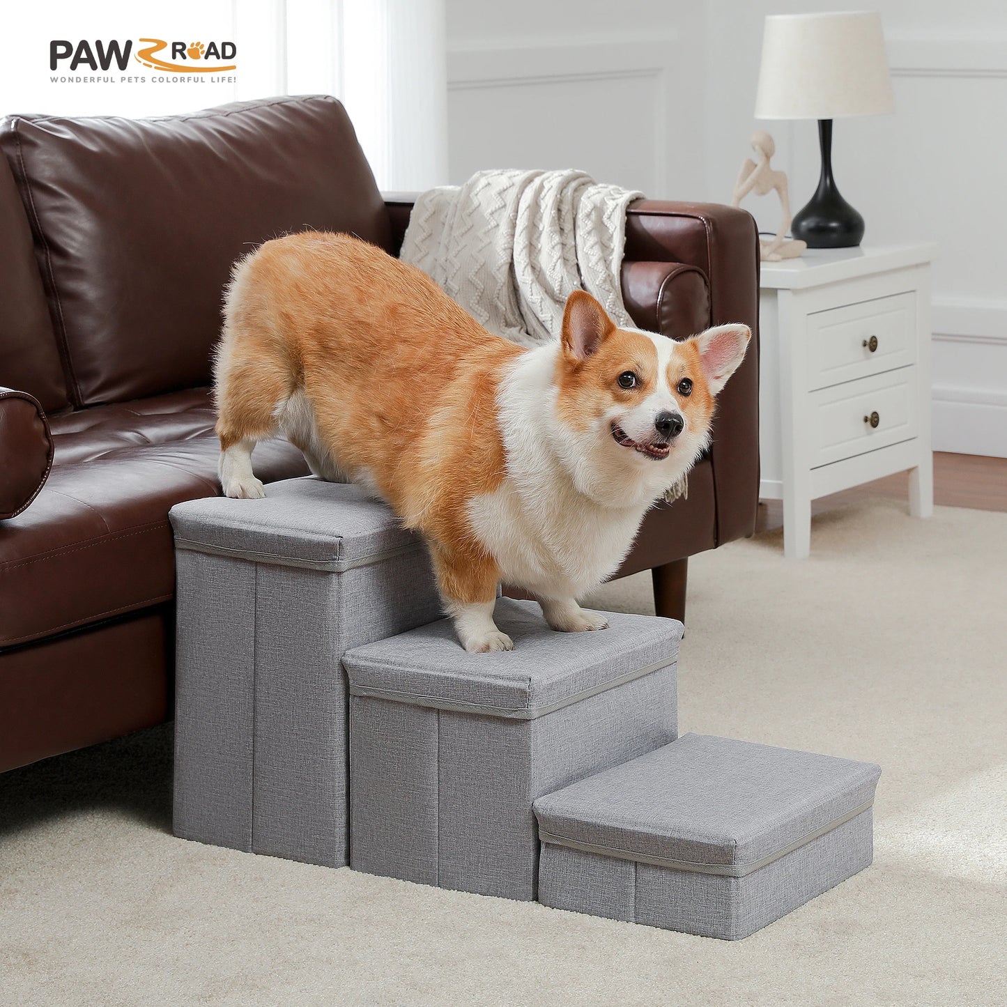 3-Tier Foldable Dog Stairs with Storage Box Adjustable Height Non-Slip Pet Ramp for Small Old Dogs and Cats