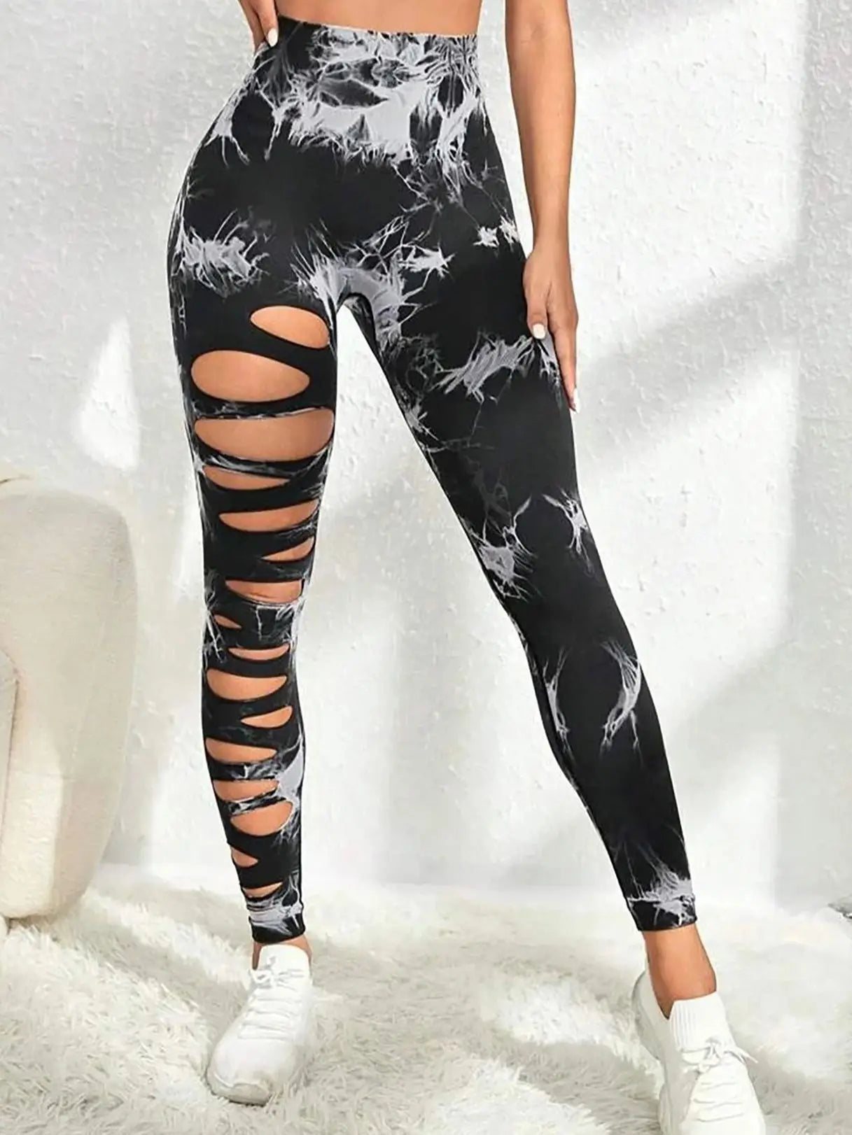 2 Pack High-Waist Hollowout Ripped Sexy Butt Lifting Yoga Pants with Tummy Control