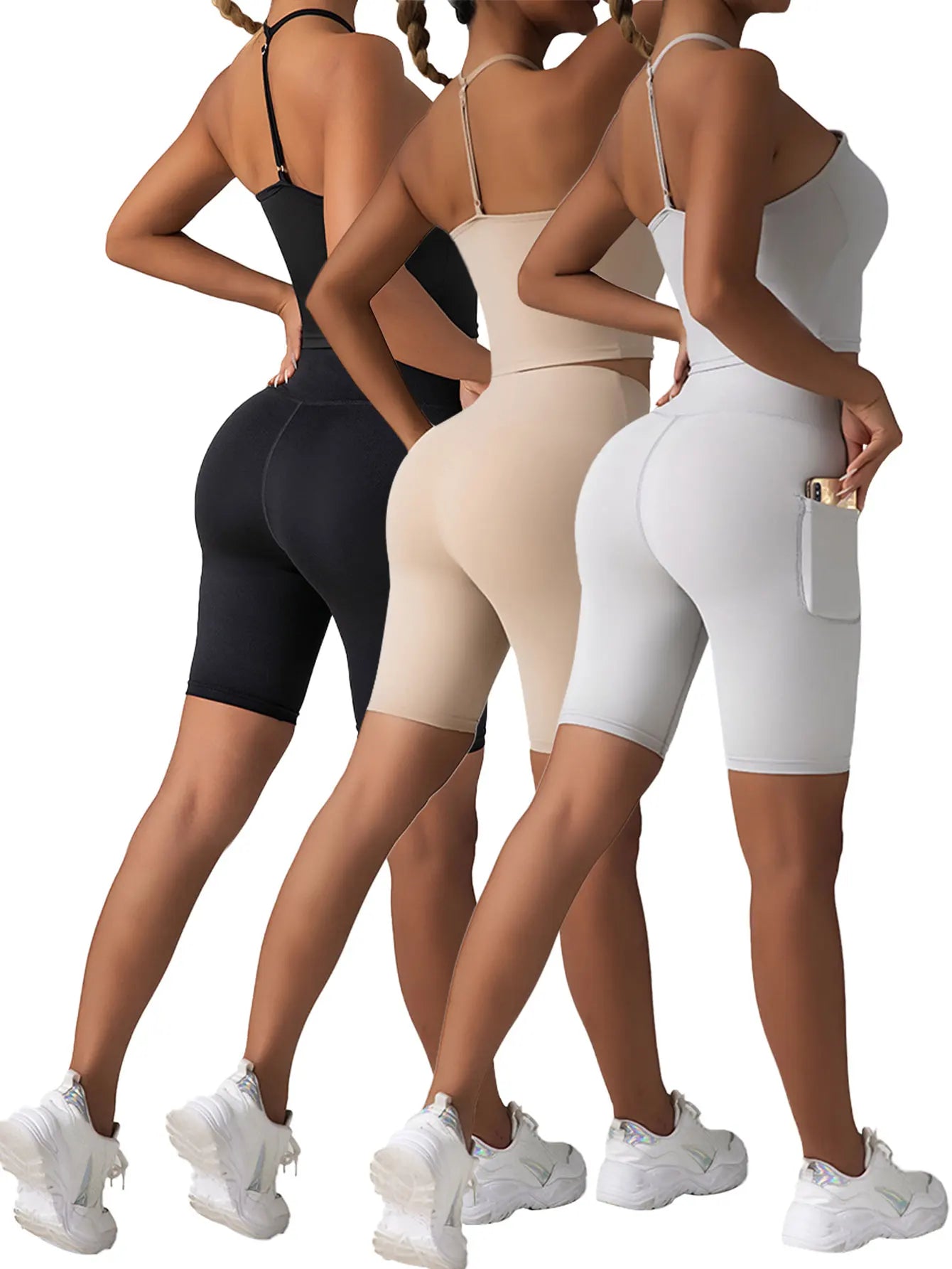 3 Pack High-Waist Yoga Workout and Running Shorts with Tummy Control & Pockets