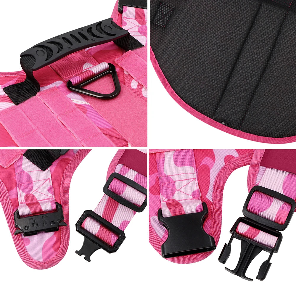 Military Pink Camouflage Dog Harness For Large Medium Dogs Harnesses Leash Adjustable Pet German Shepherd Tactical Training Vest