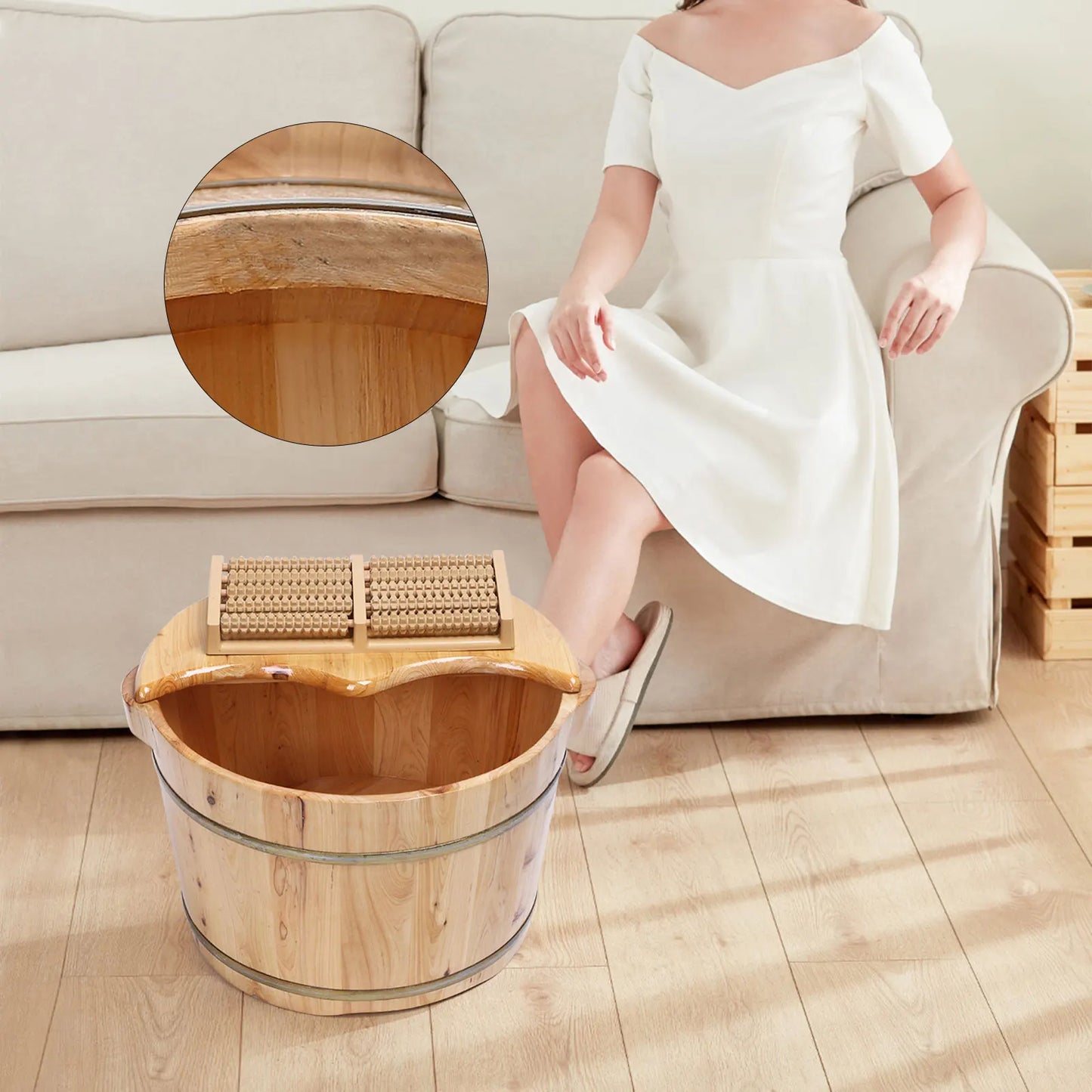 Wooden Health Foot Bath Basin with Shiatsu Massage Rollers for Relaxation and Heat Retention