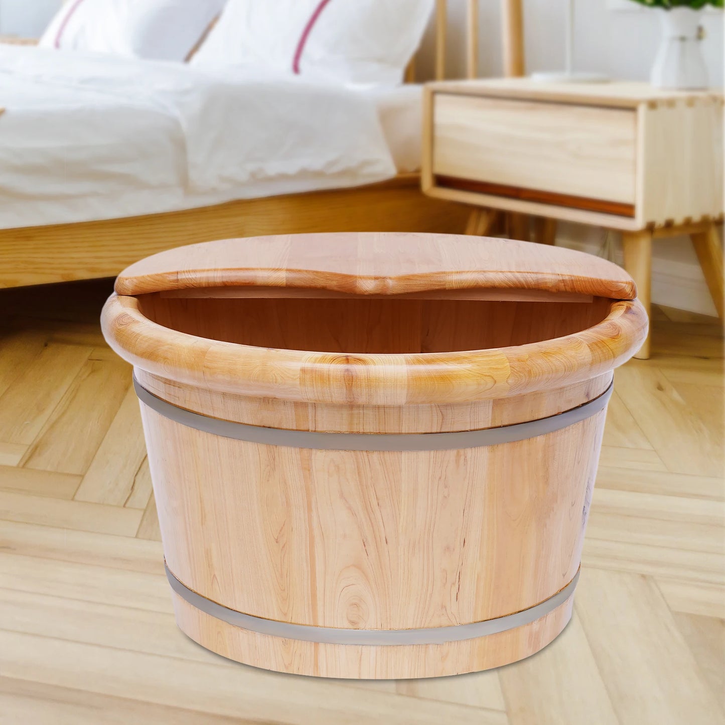 Wooden Health Foot Bath Basin with Shiatsu Massage Rollers for Relaxation and Heat Retention