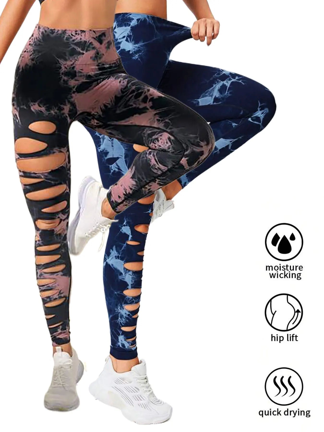 2 Pack High-Waist Hollowout Ripped Sexy Butt Lifting Yoga Pants with Tummy Control