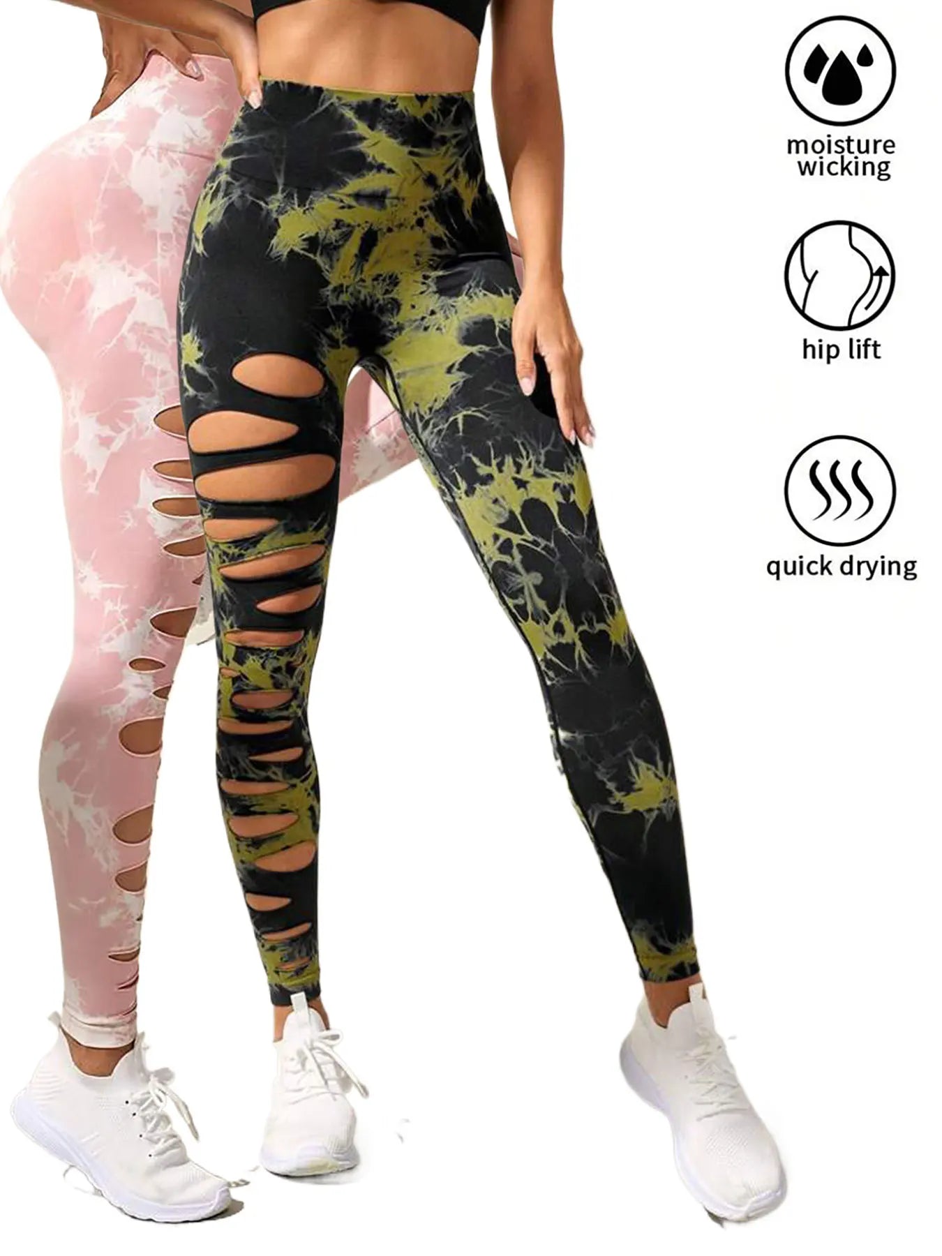 2 Pack High-Waist Hollowout Ripped Sexy Butt Lifting Yoga Pants with Tummy Control