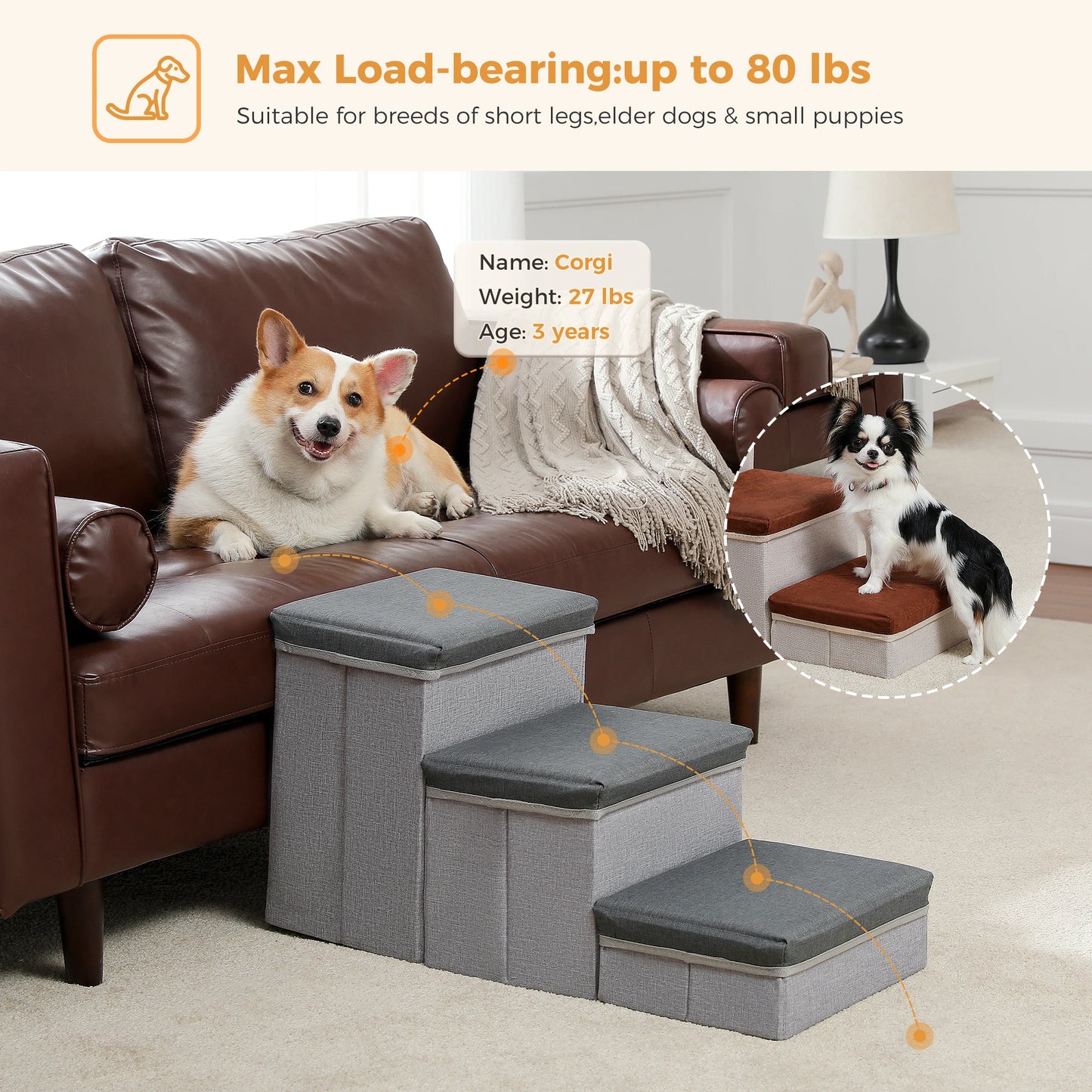 3-Tier Foldable Dog Stairs with Storage Box Adjustable Height Non-Slip Pet Ramp for Small Old Dogs and Cats