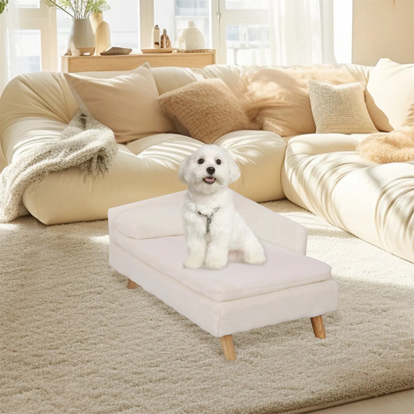 Elevated Pet Bed Nordic Pet Stool Bed with Cozy Pad Waterproof Pet Sofa Bed with Sturdy Wood Legs for Small Dog Kitten