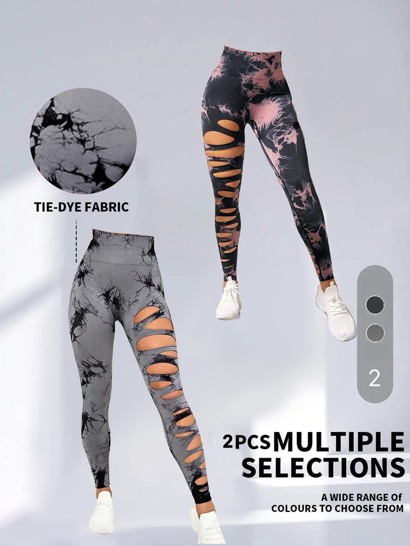 2 Pack High-Waist Hollowout Ripped Sexy Butt Lifting Yoga Pants with Tummy Control