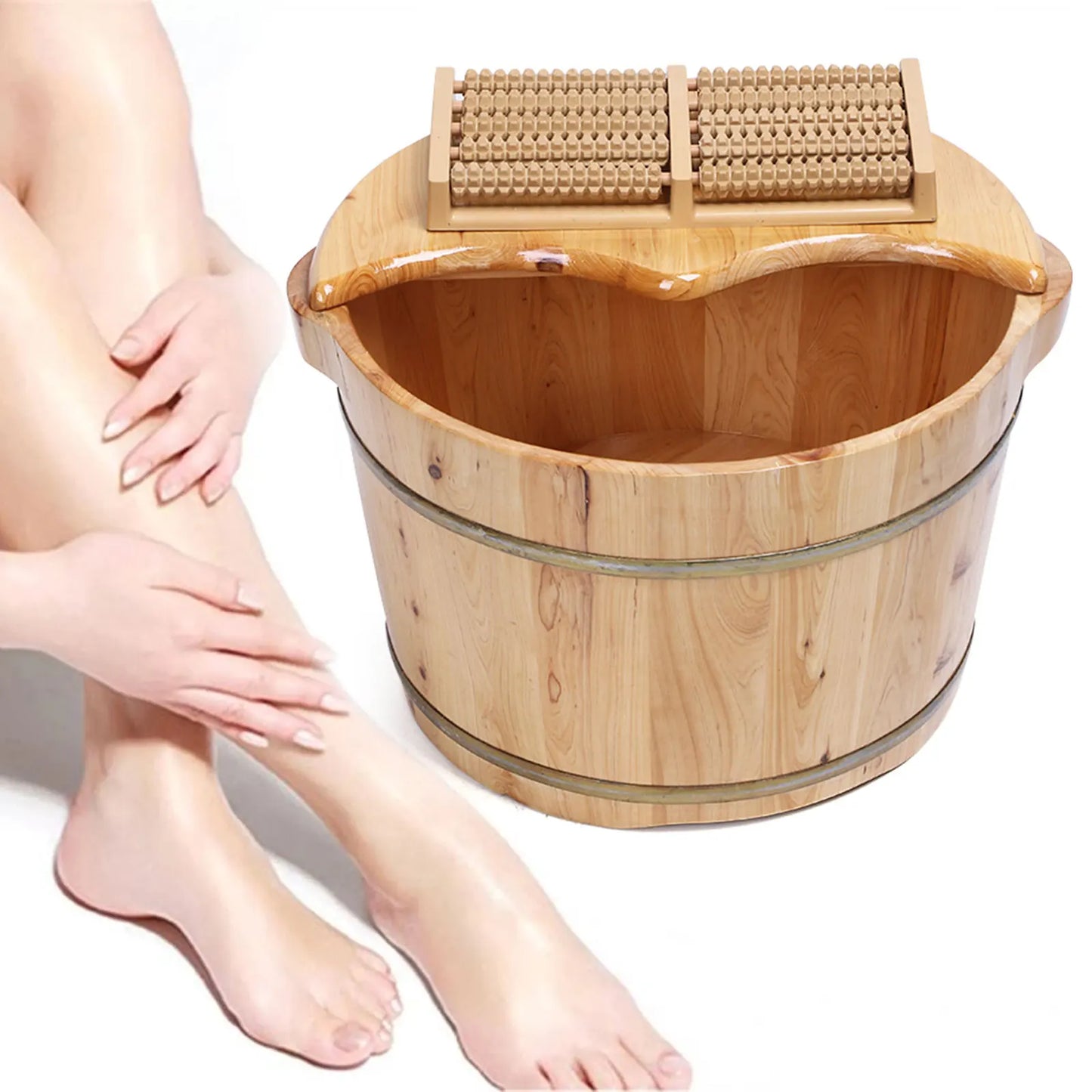 Wooden Health Foot Bath Basin with Shiatsu Massage Rollers for Relaxation and Heat Retention