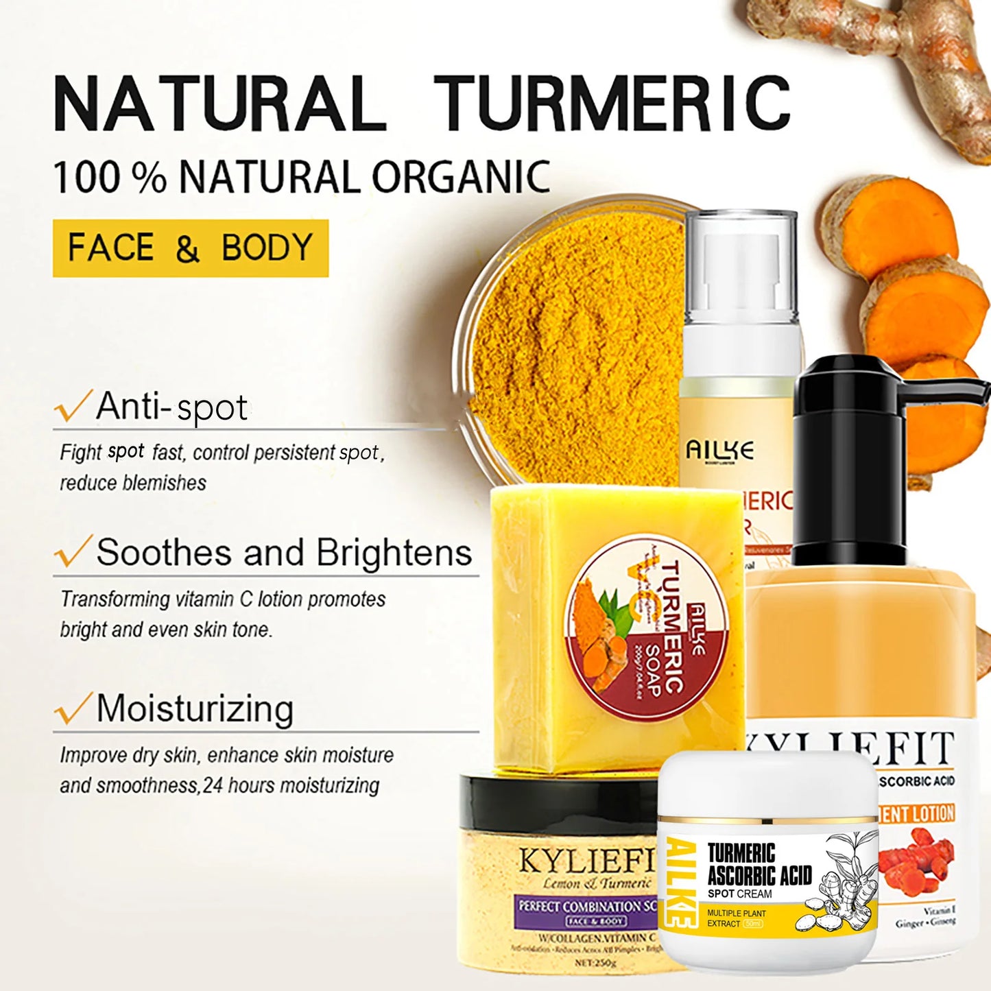 AILKE Organic Turmeric Skin Care Set Reduce Acne Cleaning Skin Exfoliation Whiten Tone