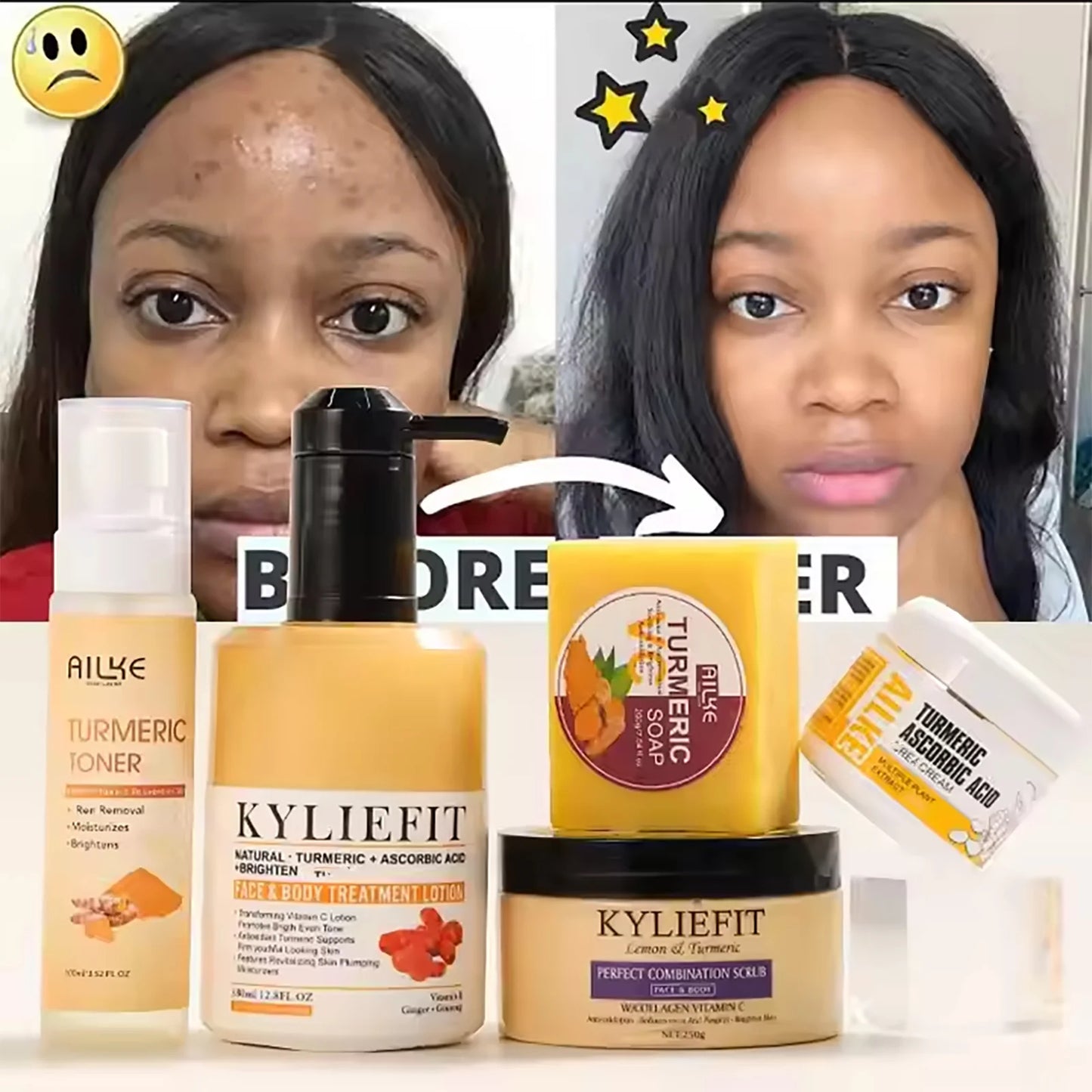 AILKE Organic Turmeric Skin Care Set Reduce Acne Cleaning Skin Exfoliation Whiten Tone