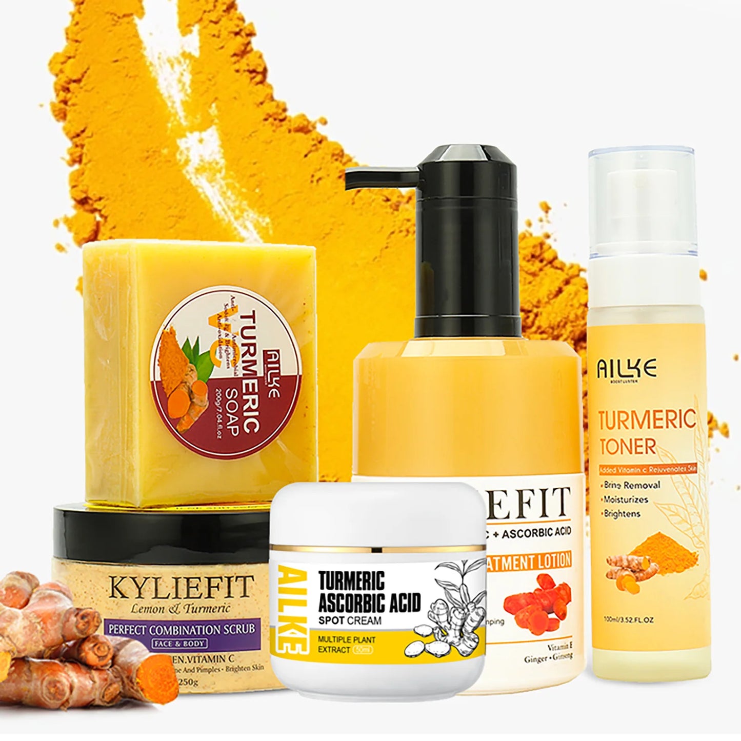 AILKE Organic Turmeric Skin Care Set Reduce Acne Cleaning Skin Exfoliation Whiten Tone