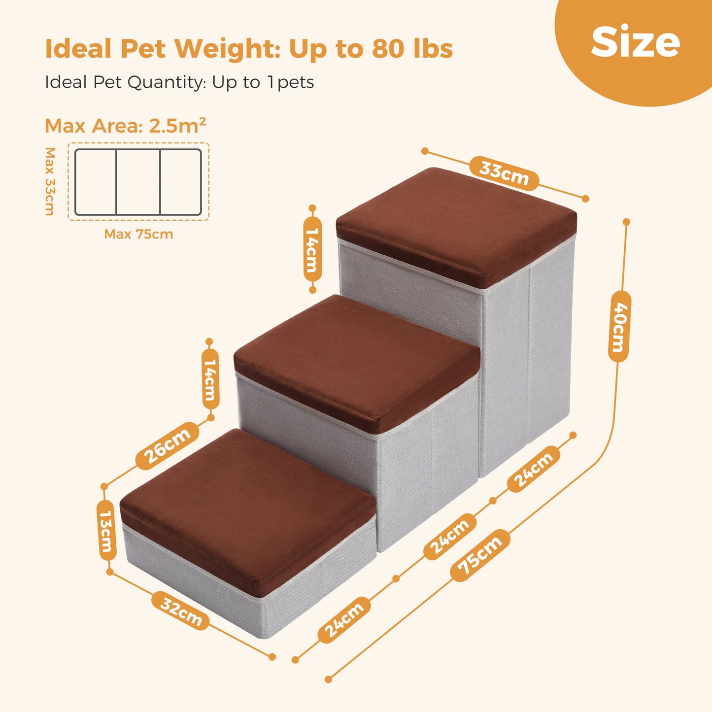 3-Tier Foldable Dog Stairs with Storage Box Adjustable Height Non-Slip Pet Ramp for Small Old Dogs and Cats