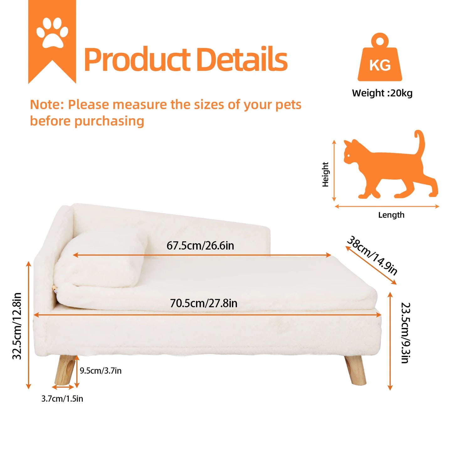 Elevated Pet Bed Nordic Pet Stool Bed with Cozy Pad Waterproof Pet Sofa Bed with Sturdy Wood Legs for Small Dog Kitten